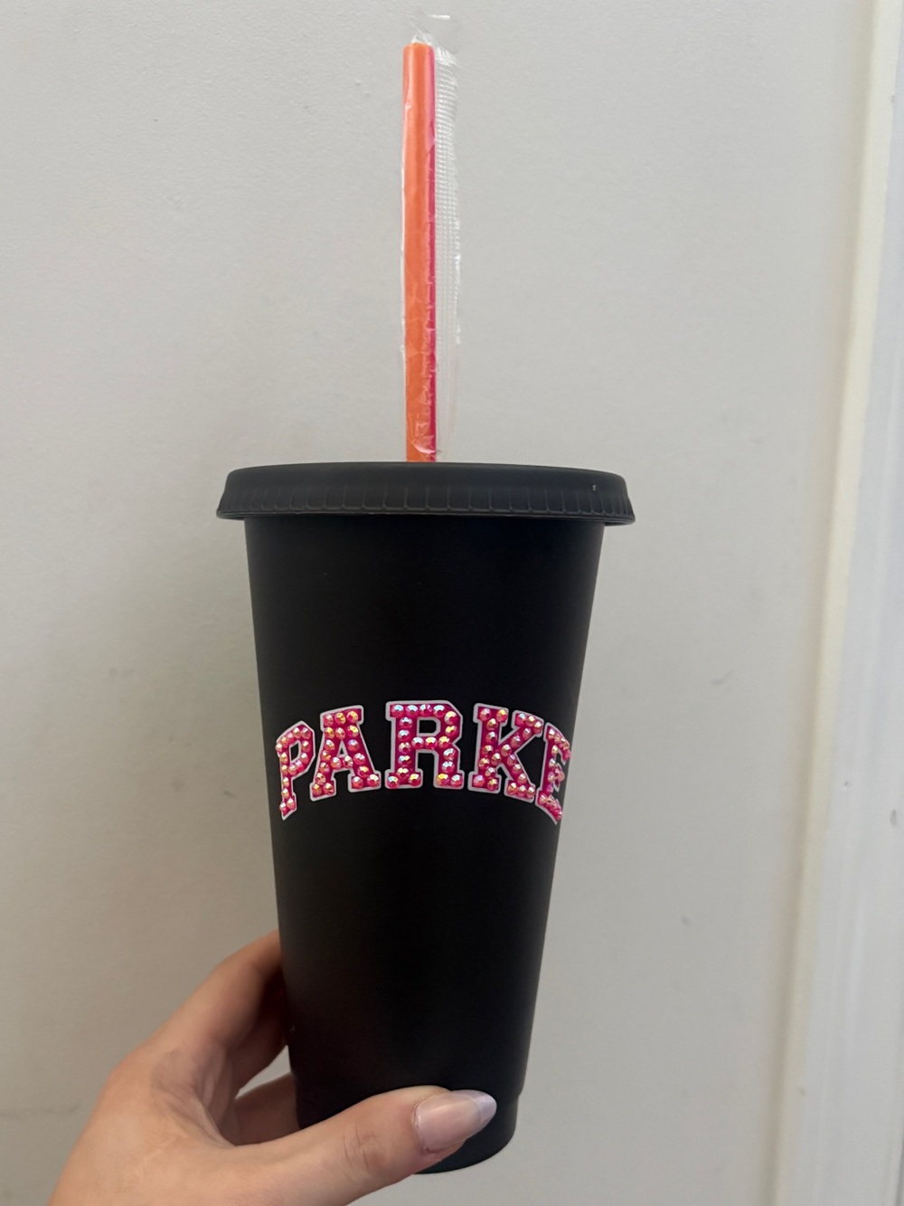 Black Matte Tumbler with Pink Studded 'PARKE' Logo ~  Dunkin x Parke